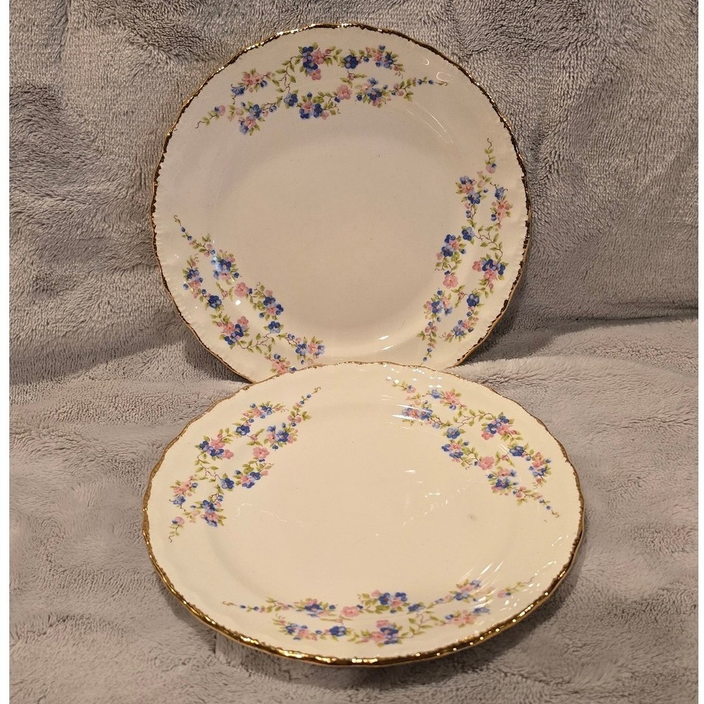 Vintage‎ Pope-Gosser China Blue Bell Floral Dessert Plates Gold Trim Set of 2